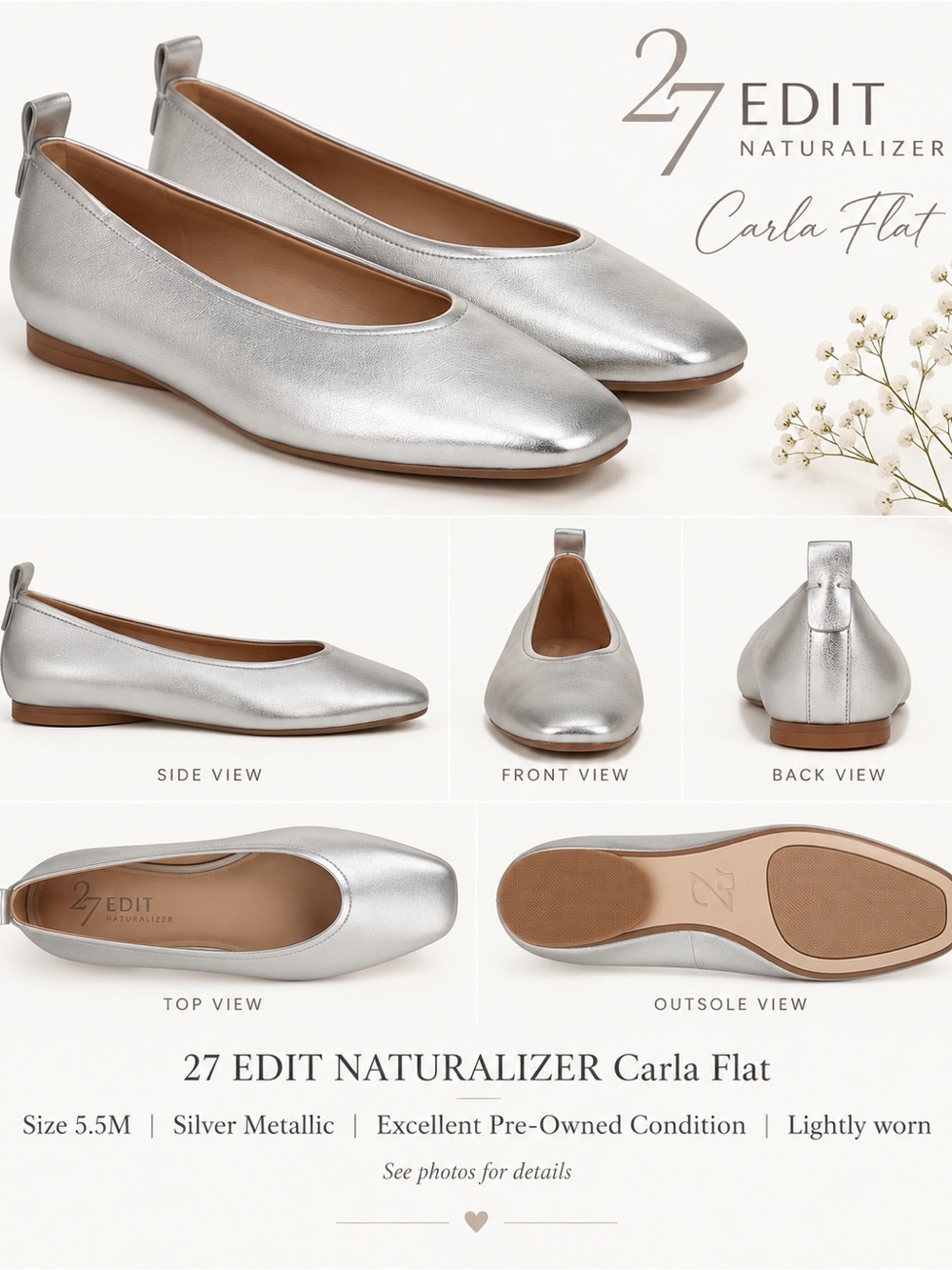 Naturalizer Carla Flat in Silver Metallic shoes size 5.5
